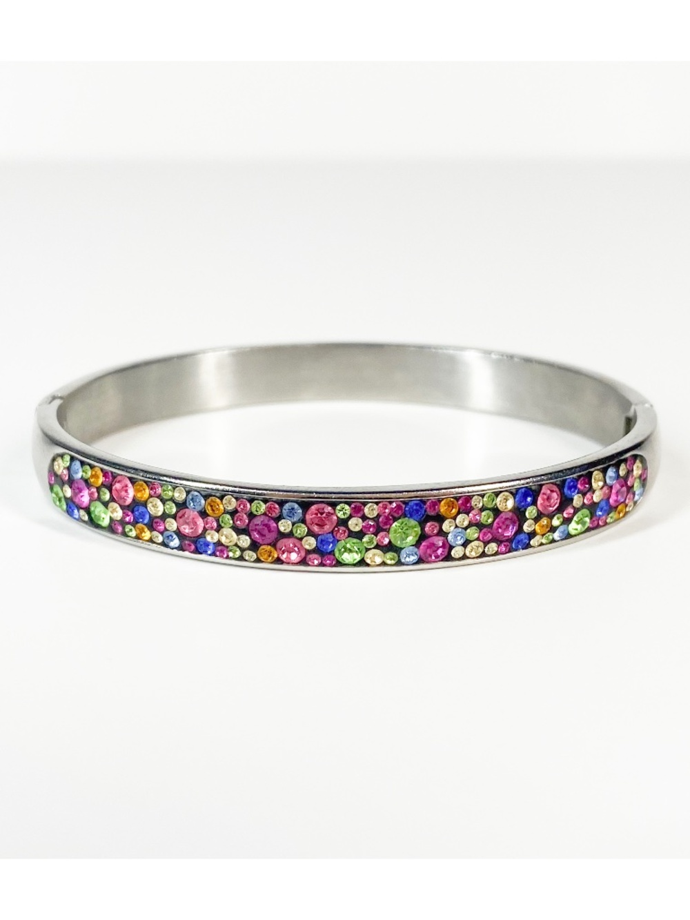 JCM Stainless Steel Bangle Bracelet Colorful Sparkles Silver Tone Pink Green
